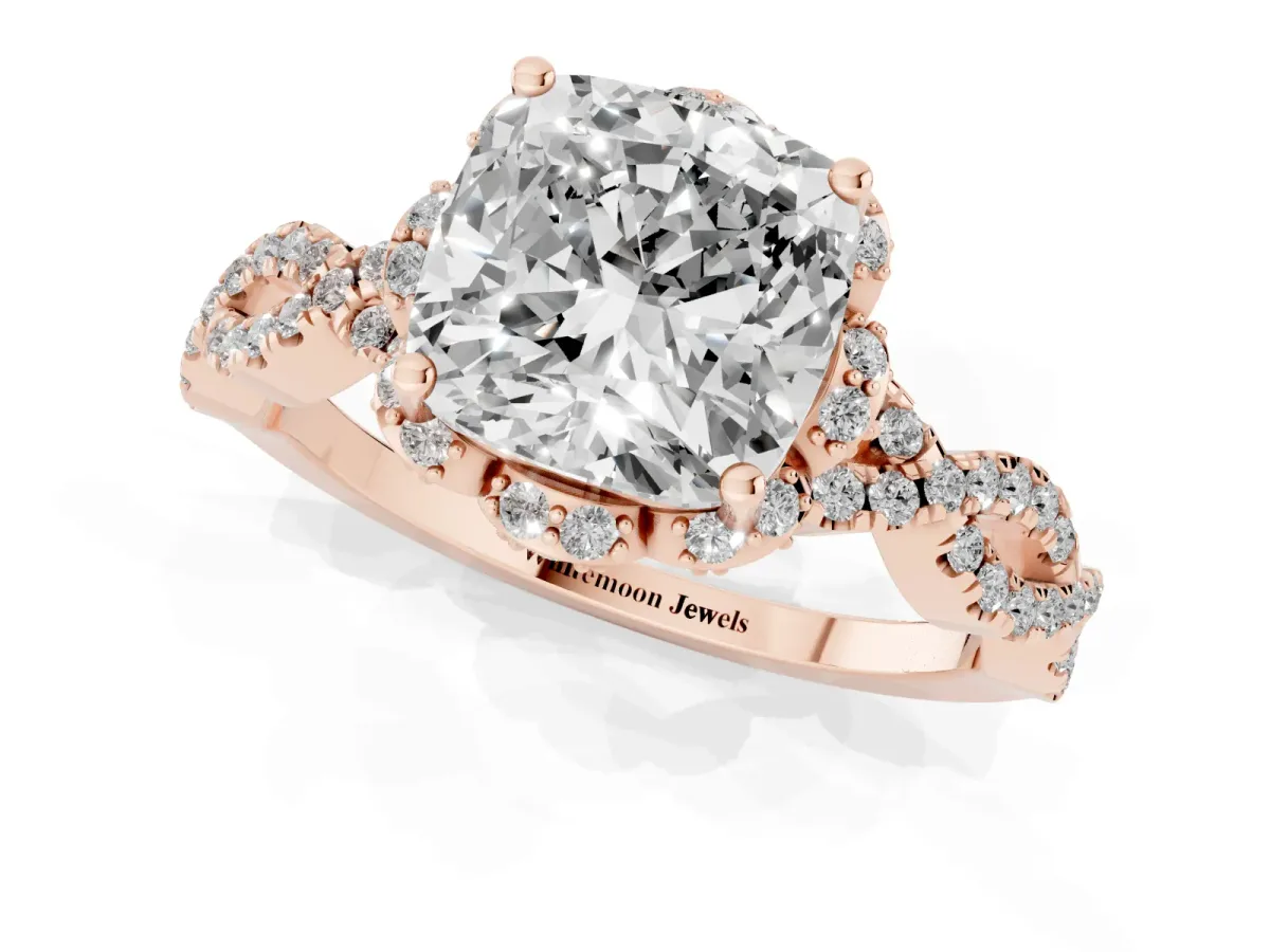 Cushion Cut Halo Twist Band Solitaire Ring with Six-Prong Setting Rose gold