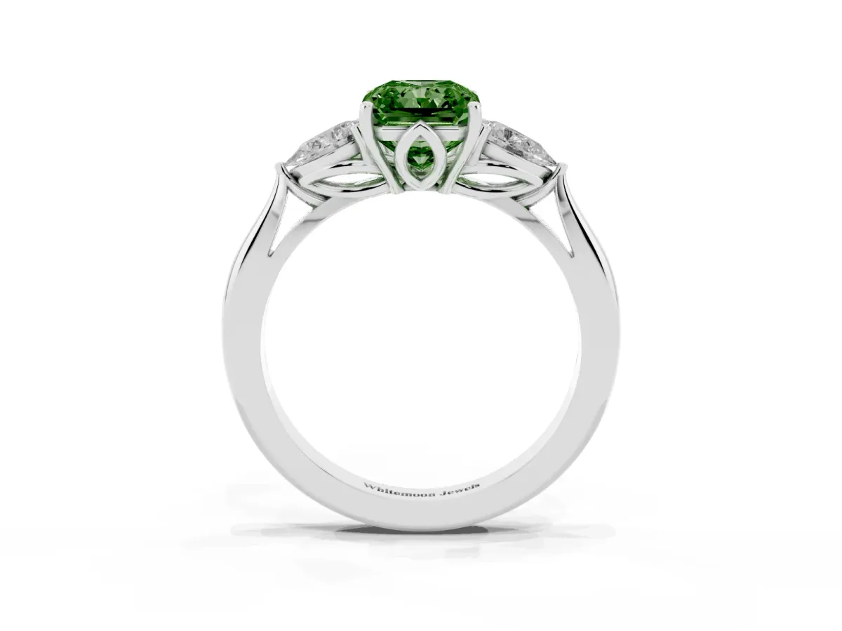 Fancy Green Radiant Cut Diamond Three-Stone Ring with Pear Side Stones and Prong Setting Platinum