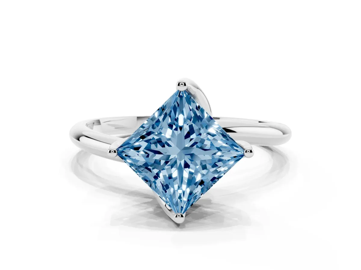 Fancy Blue Princess Cut Diamond Solitaire Engagement Ring with Four-Prong Setting and Classic Band Silver