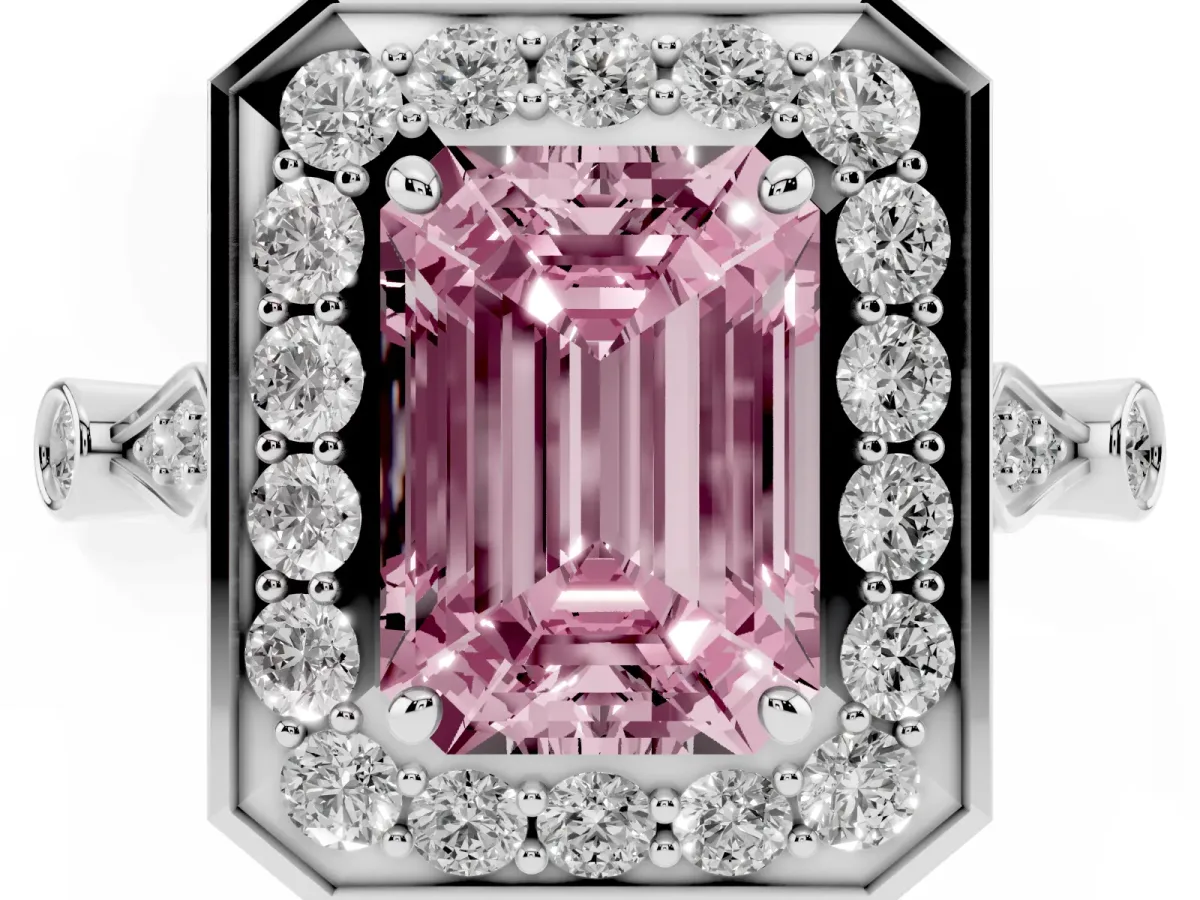 Fancy Pink Emerald Cut Halo Diamond Engagement Ring with Twisted Band and Four-Prong Setting Platinum