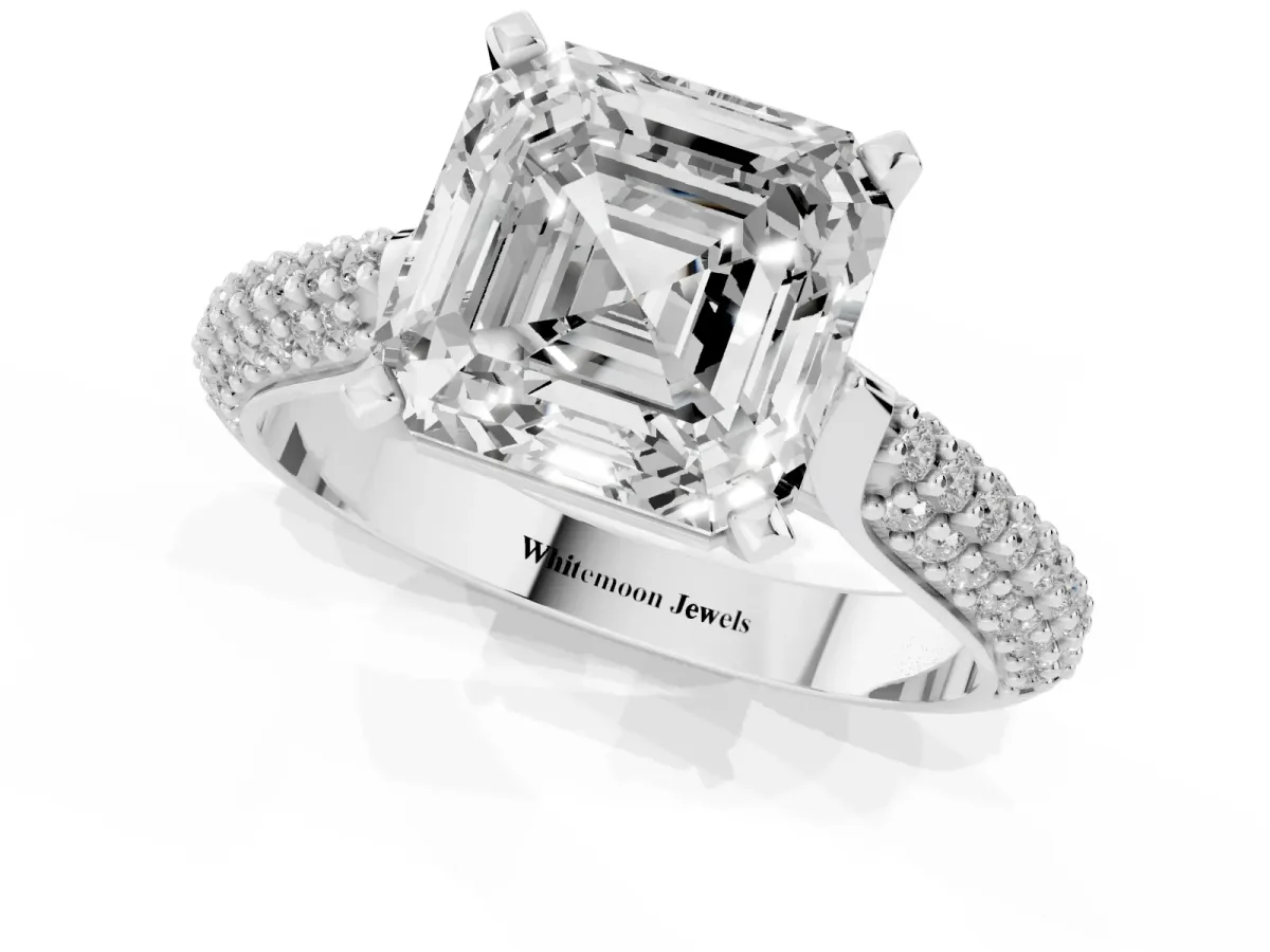 Asscher Cut Diamond Solitaire Engagement Ring with Multi-Row Round Pavé Band and Prong Setting Silver
