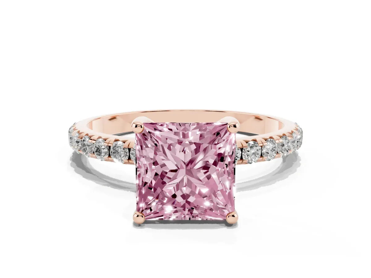 Fancy Pink Princess Cut Cut Diamond Solitaire Ring with Micro Pave Band and Four Prong Setting Rose gold