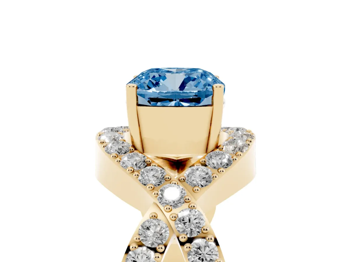 Fancy Blue Cushion Cut Solitaire Twist Band Pavé Diamond Engagement Ring Yellow gold