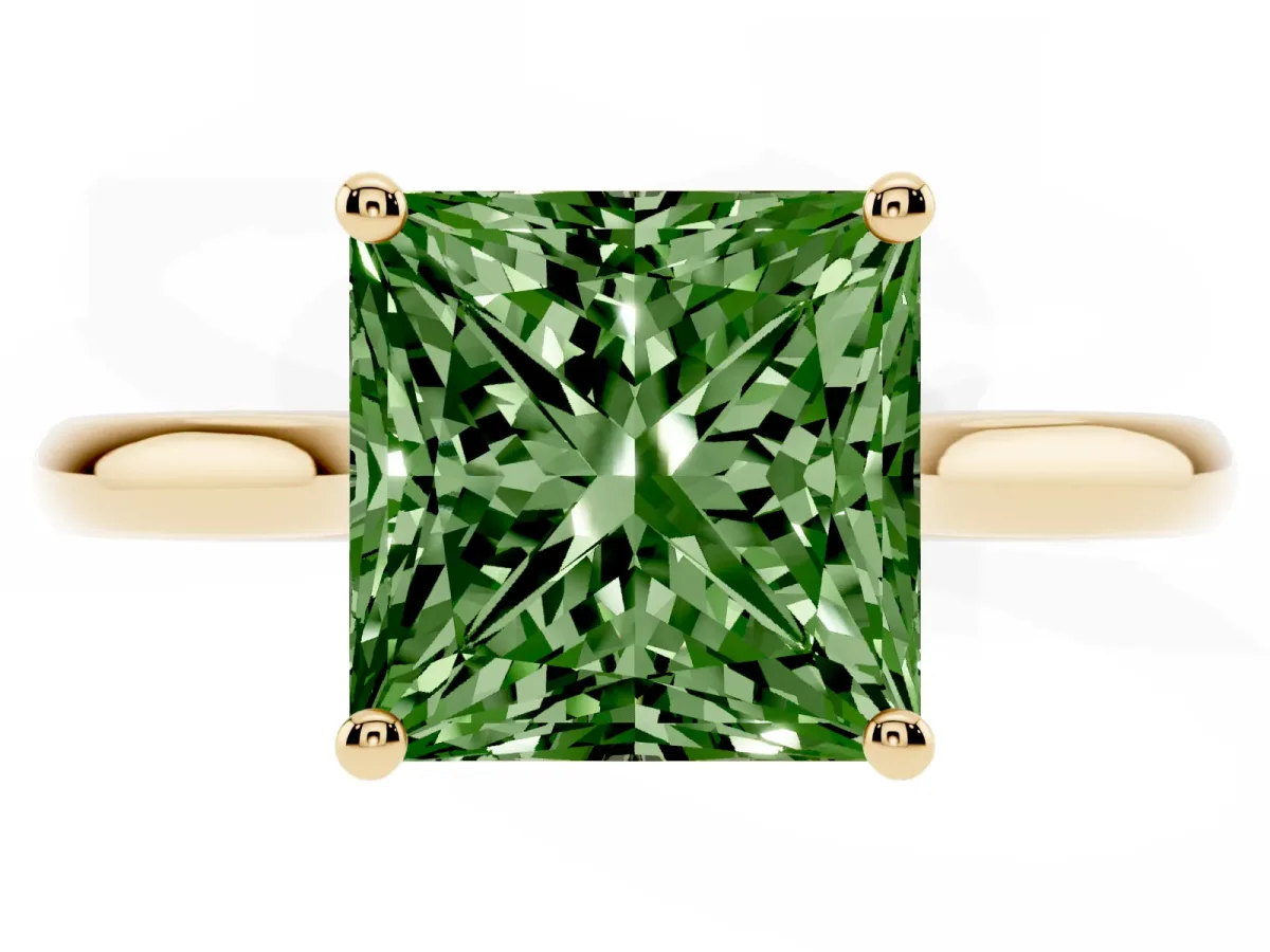 Fancy Green Princess Cut Cut Solitaire Ring with Cathedral Band and Four-Prong Setting Yellow gold