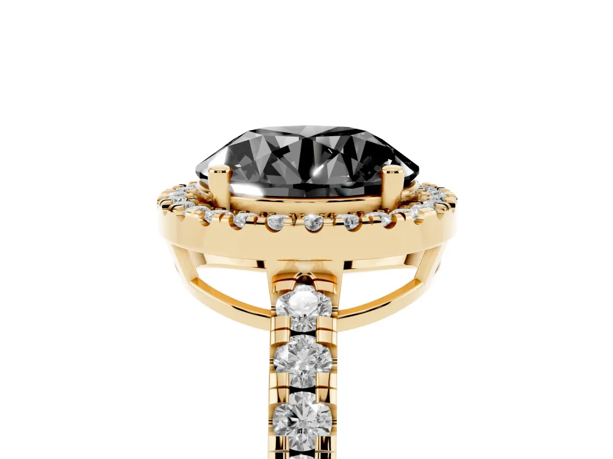 Fancy Black Round Cut Diamond Halo Ring with Pavé Band and Four-Prong Setting Yellow gold