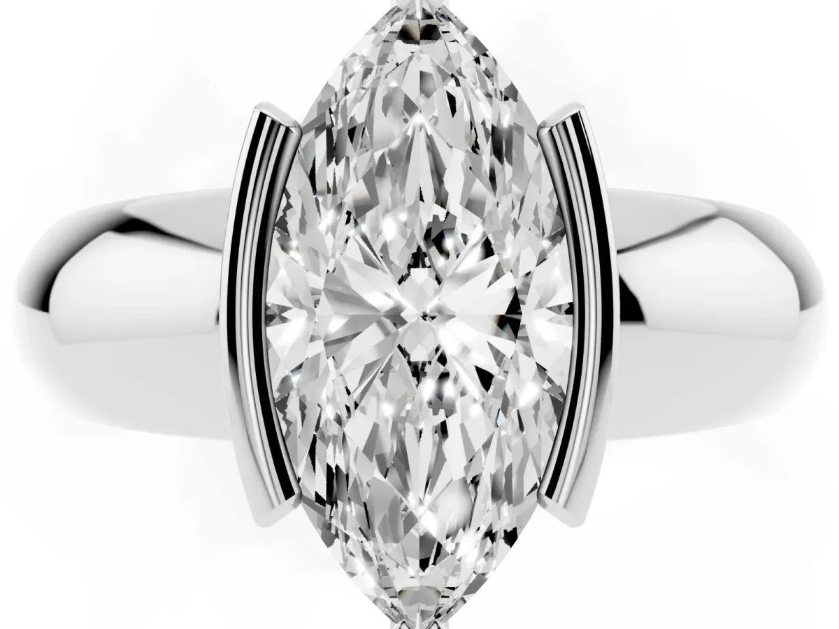 Marquise Cut Solitaire Tension Set Diamond Ring with Wide Band Silver