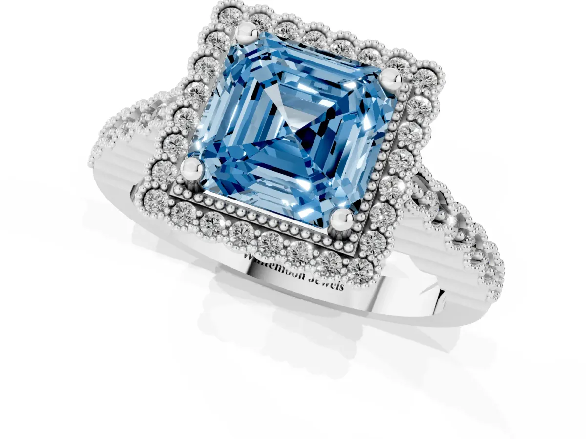 Fancy Blue Asscher Cut Cut Halo Pavé Solitaire Ring with Milgrain Band Platinum