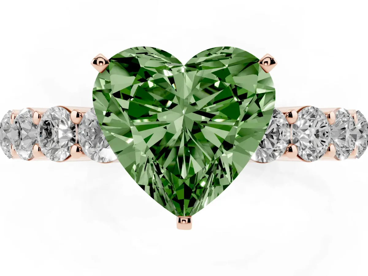 Fancy Green Heart Cut Diamond Solitaire Ring with Shared Prong Round Side Stones Rose gold
