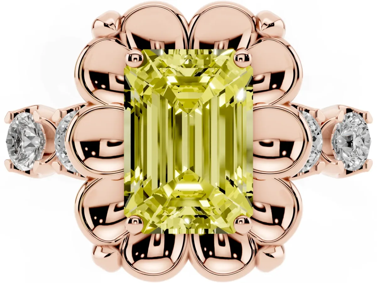 Fancy Yellow Emerald Cut Cut Diamond Floral Halo Engagement Ring with Shared Prong Setting Rose gold