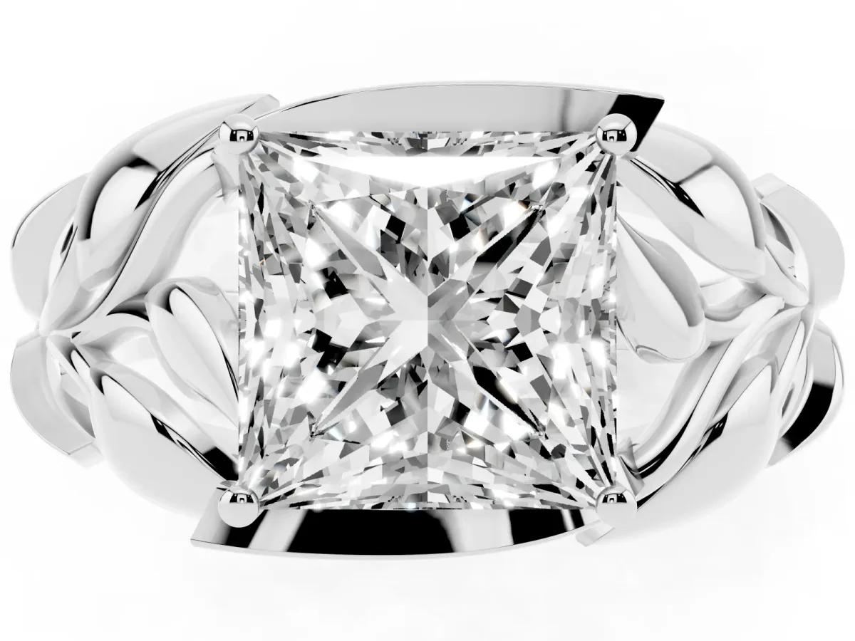Princess Cut Diamond Leaf-Inspired Engagement Ring with Round Accents and Prong Setting Silver