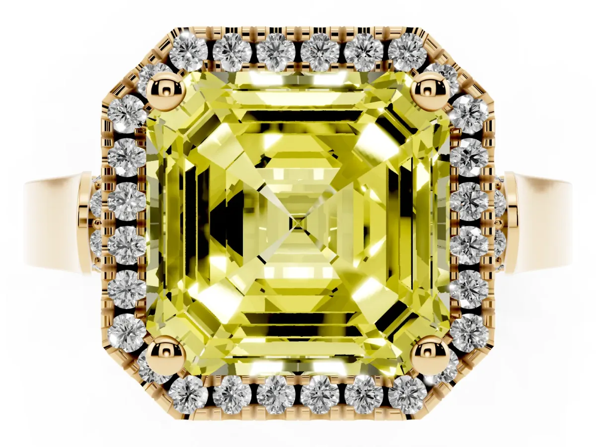Fancy Yellow Asscher Cut Halo Pave Split Shank Prong Setting Ring Yellow gold