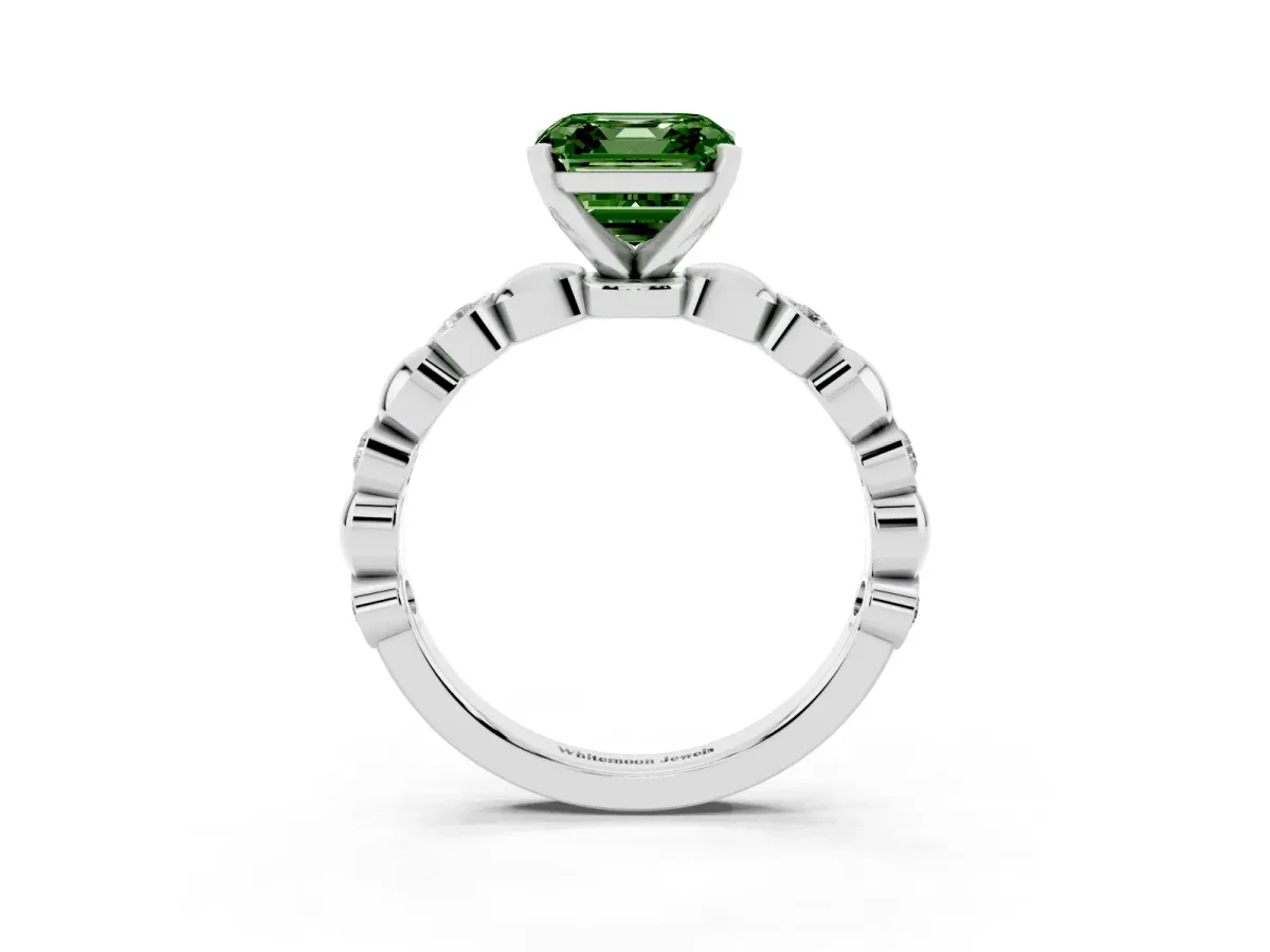 Fancy Green Asscher Cut Solitaire Bezel-Set Diamond Ring with Beaded Band and Four-Prong Setting Silver