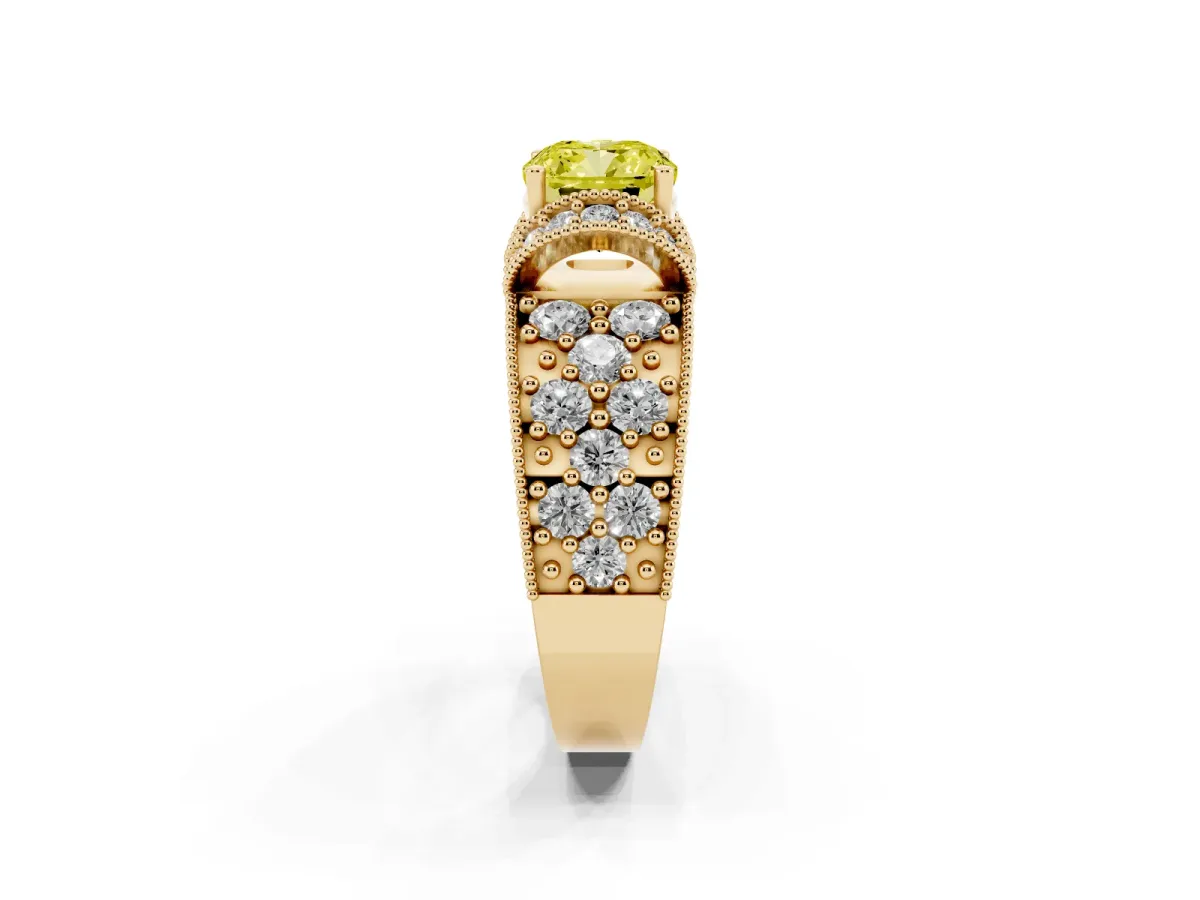 Fancy Yellow Cushion Cut Halo Pave Diamond Engagement Ring with Milgrain Detailing Yellow gold