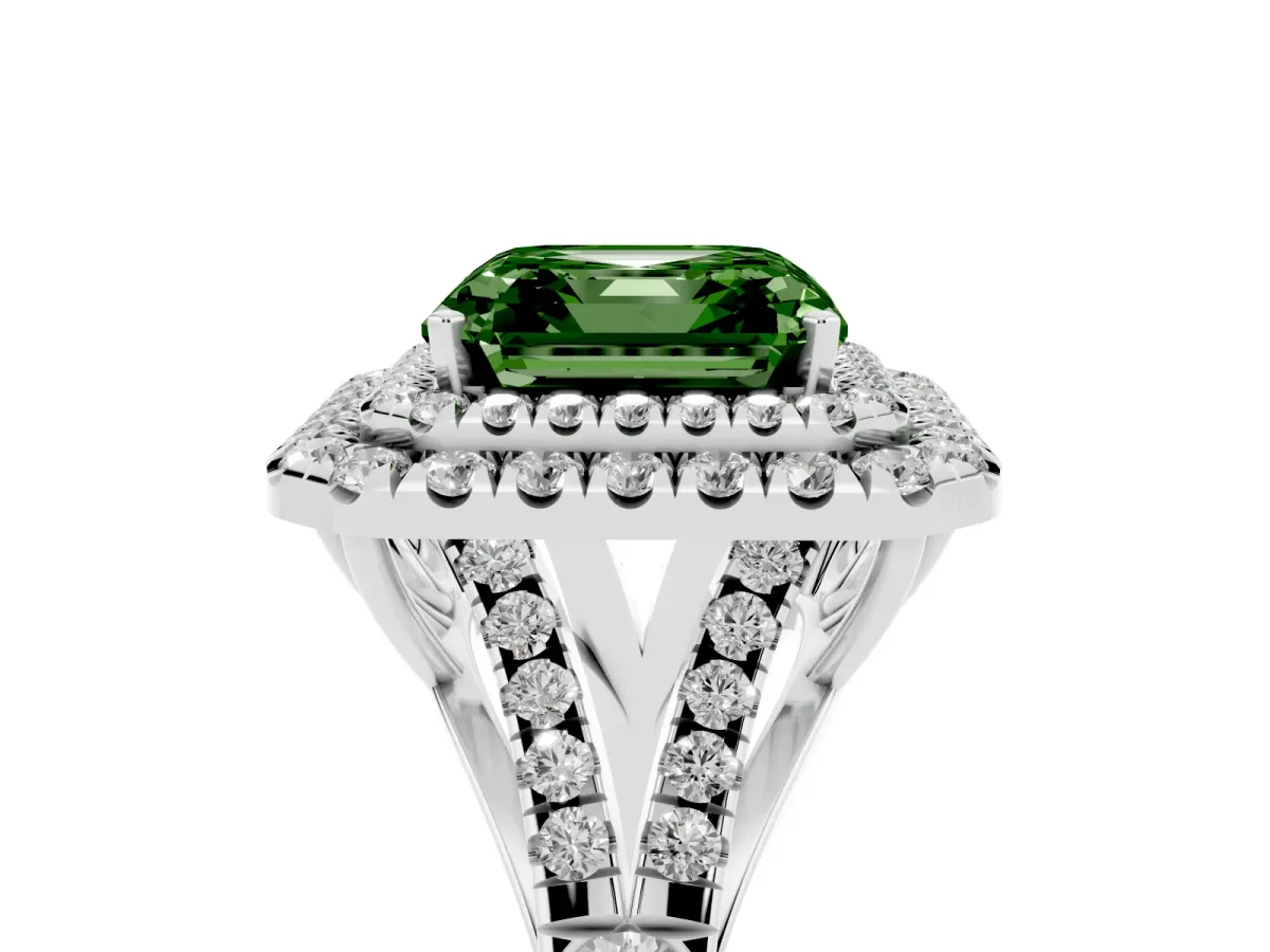 Fancy Green Asscher Cut Cut Double Halo Split Shank Diamond Ring with Prong Setting Silver