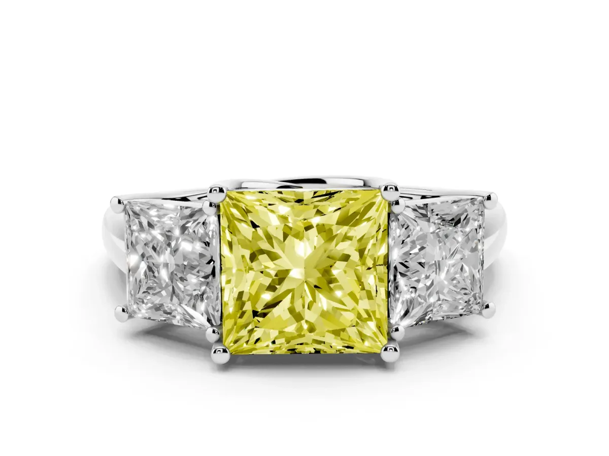 Fancy Yellow Three-Stone Princess Cut Diamond Engagement Ring with Prong Setting Silver