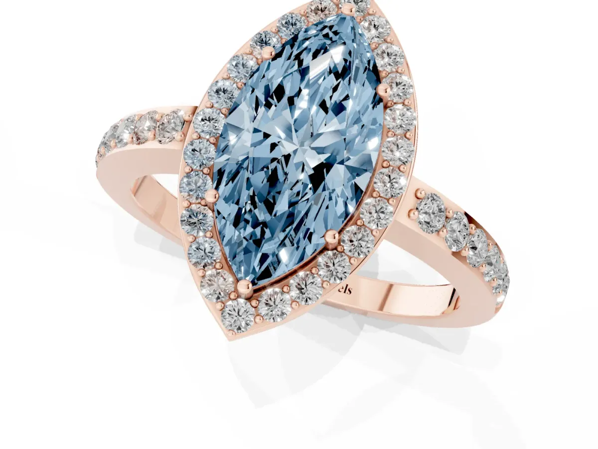 Fancy Blue Marquise Cut Halo Diamond Pavé Band Ring with Prong Setting Rose gold