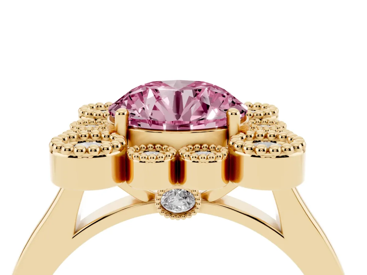 Fancy Pink Round Cut Halo Diamond Cluster Engagement Ring with Milgrain Bezel Setting and Solitaire Band Yellow gold