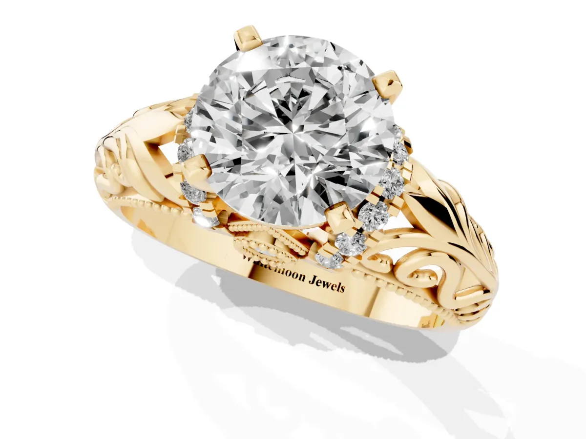 Round Cut Solitaire Filigree Engagement Ring with Halo and Prong Setting Yellow gold