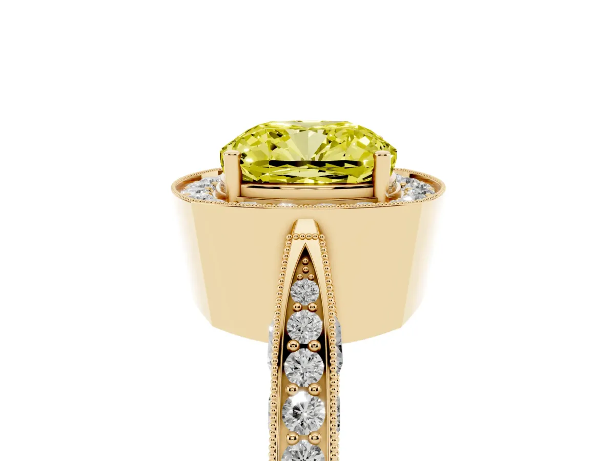 Fancy Yellow Cushion Cut Halo Diamond Engagement Ring with Split Shank Band and Four-Prong Setting Yellow gold