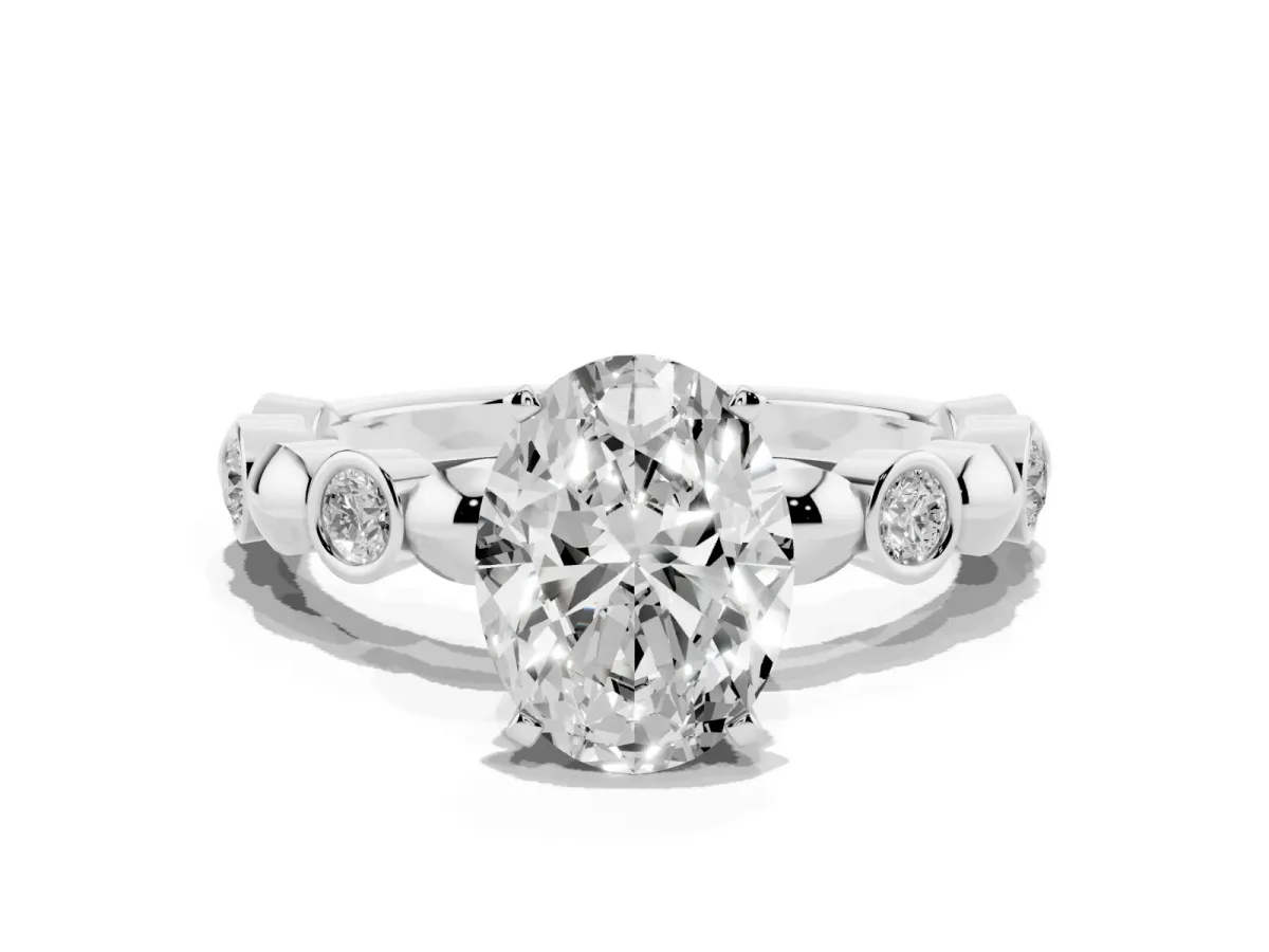 Oval Cut Solitaire Bezel-Set Diamond Ring with Beaded Band and Four-Prong Setting Platinum