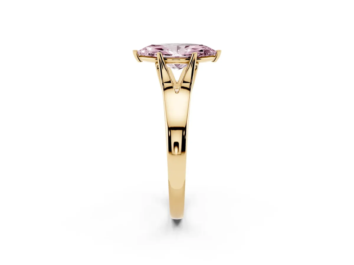 Fancy Pink Marquise Cut Solitaire Diamond Ring with Cathedral Band and Four-Prong Setting Yellow gold