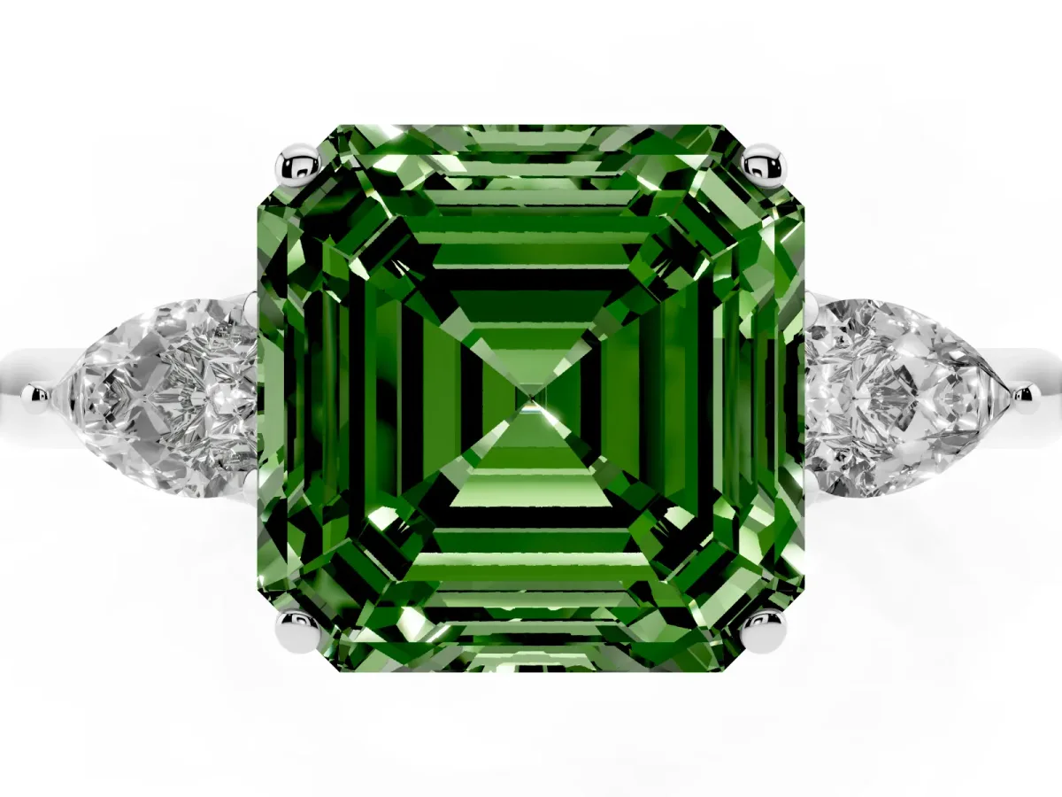 Fancy Green Three-Stone Asscher Cut Diamond Ring with Pear Side Stones in Four-Prong Setting Silver