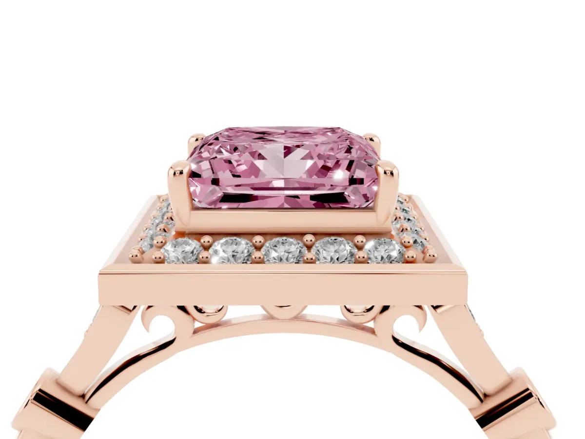 Fancy Pink Princess Cut Halo Diamond Engagement Ring with Twisted Band and Four-Prong Setting Rose gold