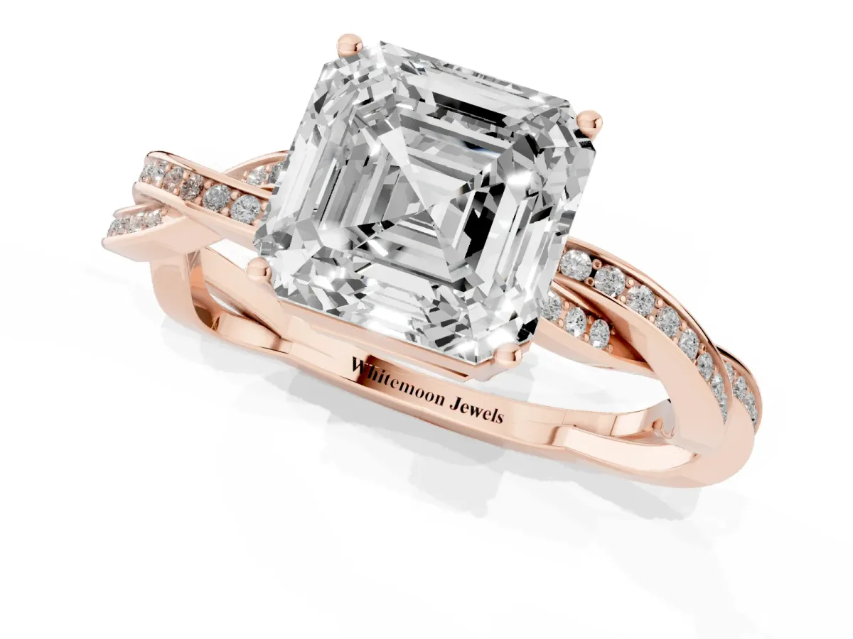 Asscher Cut Solitaire Twisted Pave Diamond Ring with Four-Prong Setting Rose gold