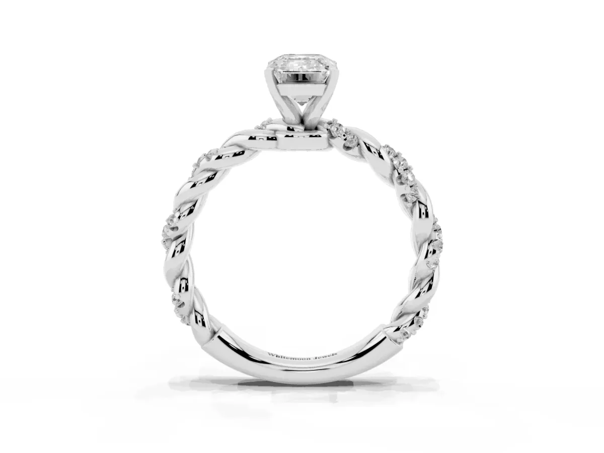 Emerald Cut Diamond Solitaire Ring with Twisted Band and Pavé Accents Silver