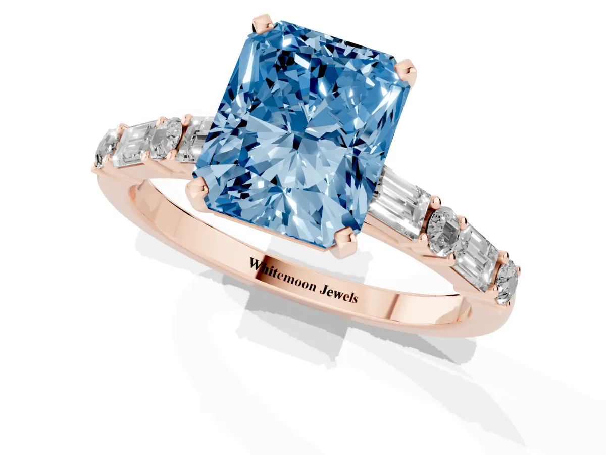 Fancy Blue Radiant Cut Diamond Solitaire with Side Baguettes and Channel Set Band Rose gold