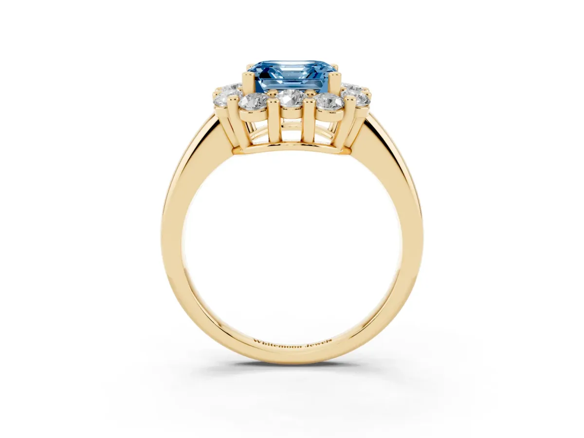 Fancy Blue Asscher Cut Halo Cluster Diamond Engagement Ring with Prong Setting and Polished Band Yellow gold