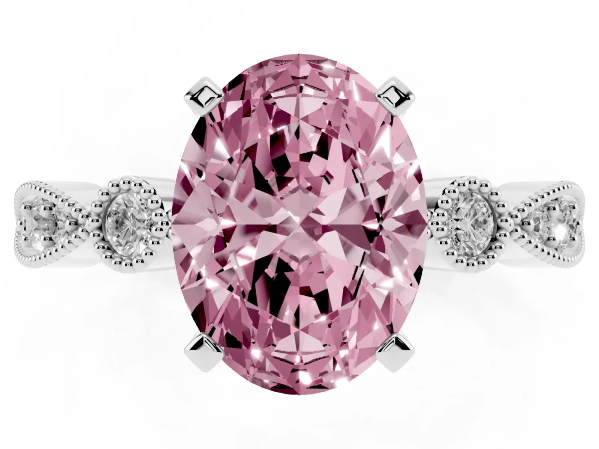 Fancy Pink Oval Cut Milgrain Bezel Diamond Engagement Ring with Solitaire Prong Setting Platinum
