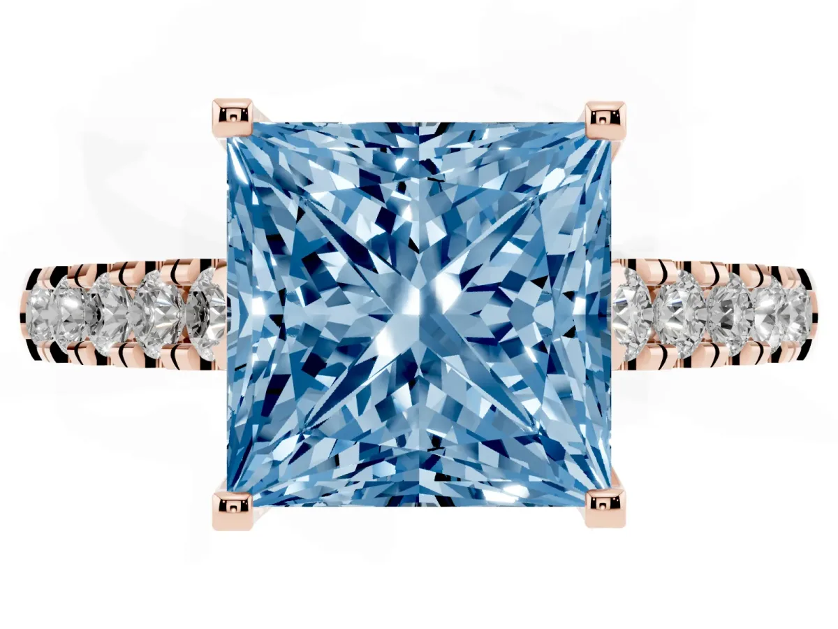 Fancy Blue Princess Cut Diamond Pavé Band Solitaire Ring with Prong Setting Rose gold
