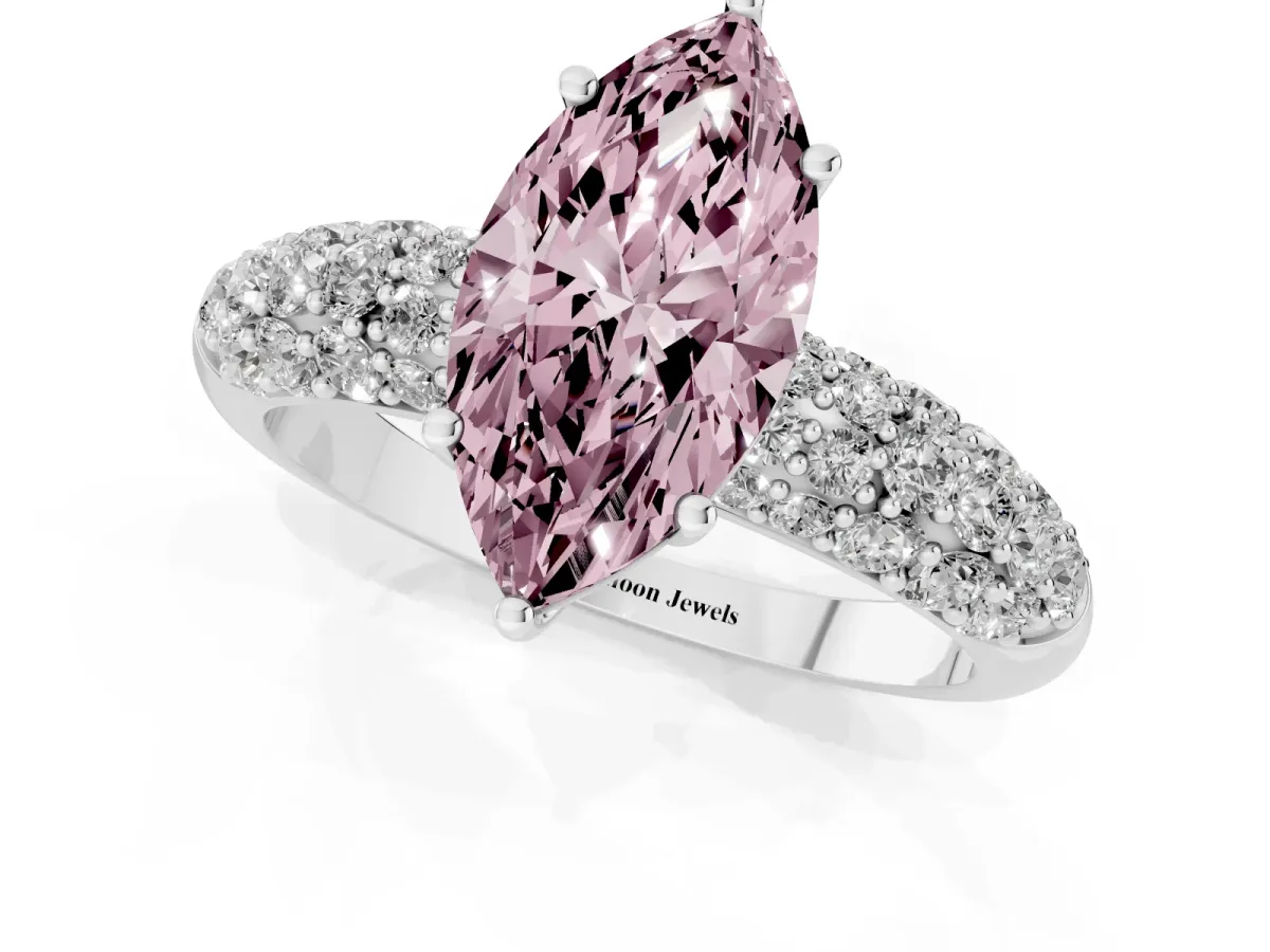 Fancy Pink Marquise Cut Diamond Pavé Band Solitaire Ring with Four-Prong Setting Silver