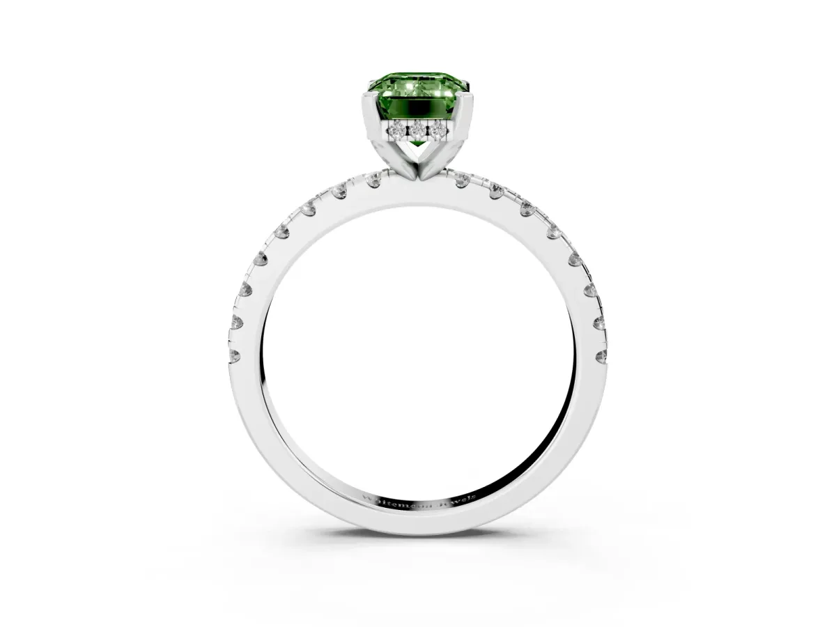 Fancy Green Emerald Cut Diamond Solitaire Ring with Round Pavé Band and Four-Prong Setting Silver