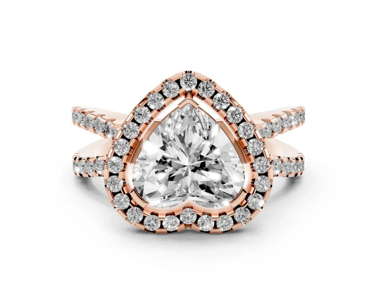 Heart Cut Diamond Halo Ring with Split Shank Pavé Band and Prong Setting Rose gold