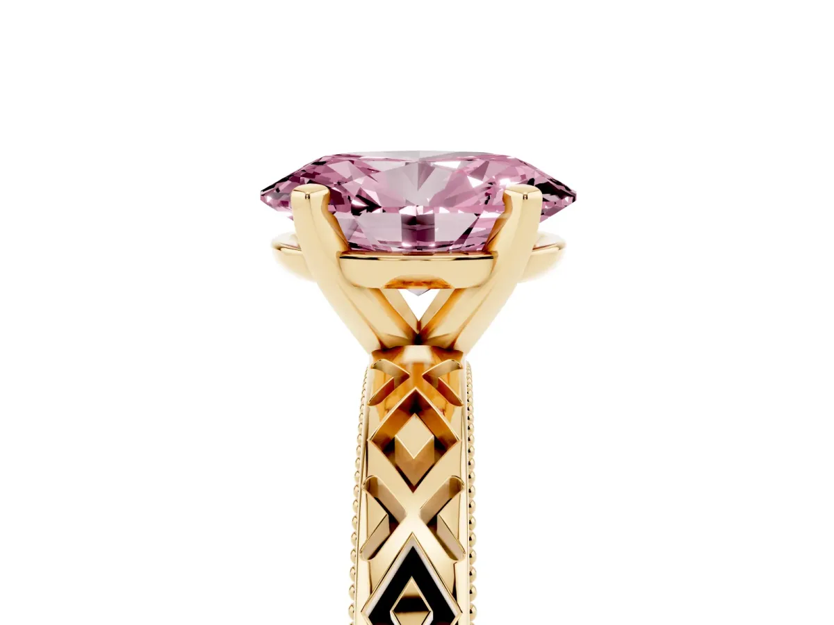 Fancy Pink Oval Cut Solitaire Diamond Ring with Milgrain and Black Enamel X Pattern Band Yellow gold