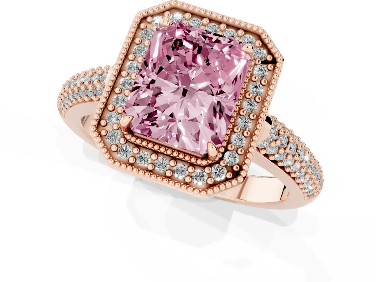 Fancy Pink Radiant Cut Cut Halo Diamond Pave Band with Four-Prong Setting Rose gold