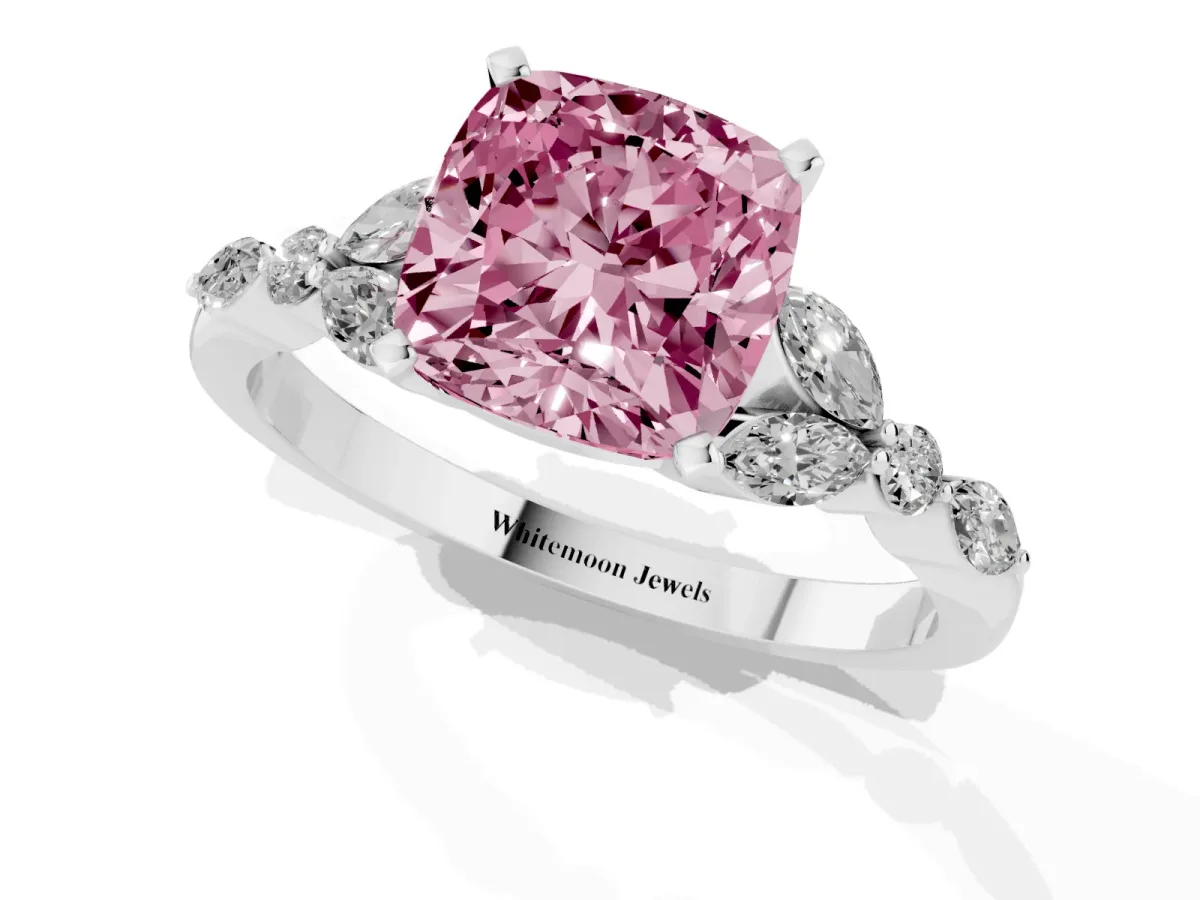 Fancy Pink Cushion Cut Diamond Solitaire Ring with Side Stones and Four-Prong Setting Silver