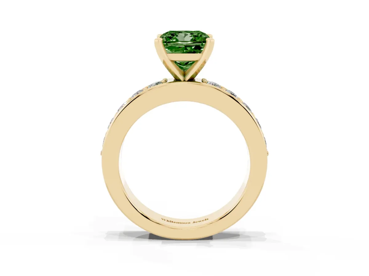 Fancy Green Princess Cut Diamond Engagement Ring with Channel Set Round Band and Prong Setting Yellow gold