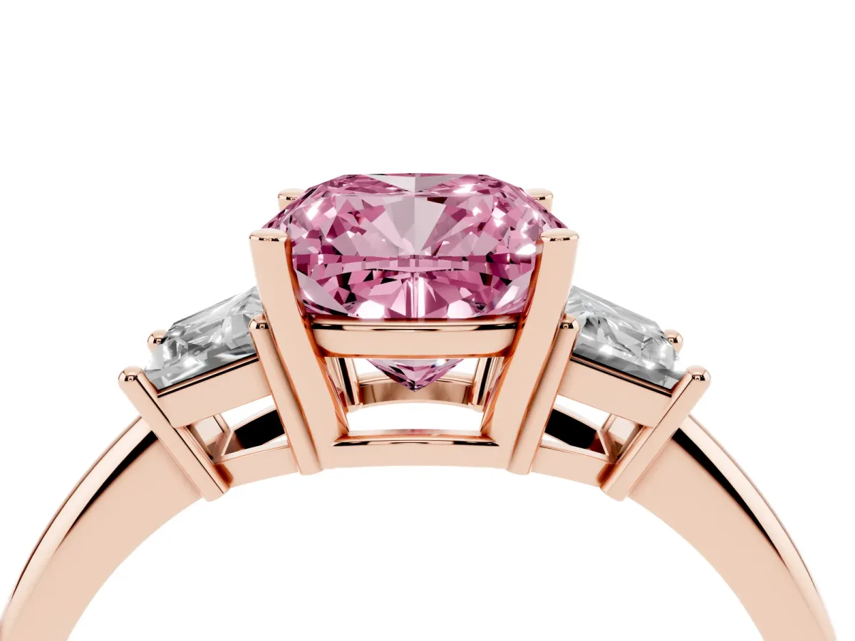 Fancy Pink Cushion Cut Diamond Three-Stone Ring with Trapezoid Side Stones and Prong Setting Rose gold