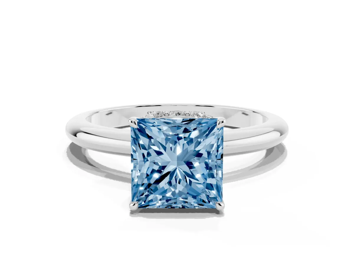 Fancy Blue Princess Cut Brilliant Solitaire Engagement Ring with Six-Prong Setting and Classic Band Silver