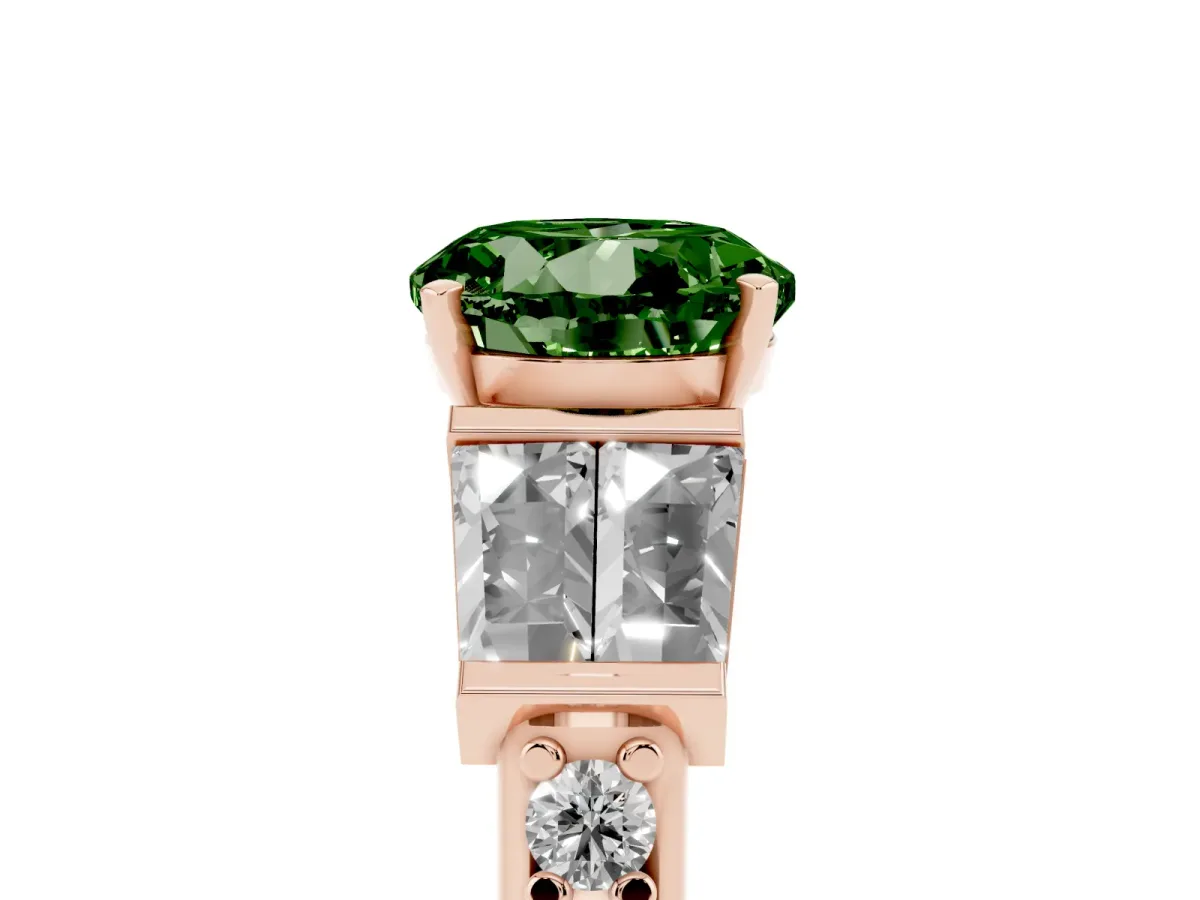 Fancy Green Round Cut Diamond Engagement Ring with Baguette Side Stones and Channel Set Band Rose gold