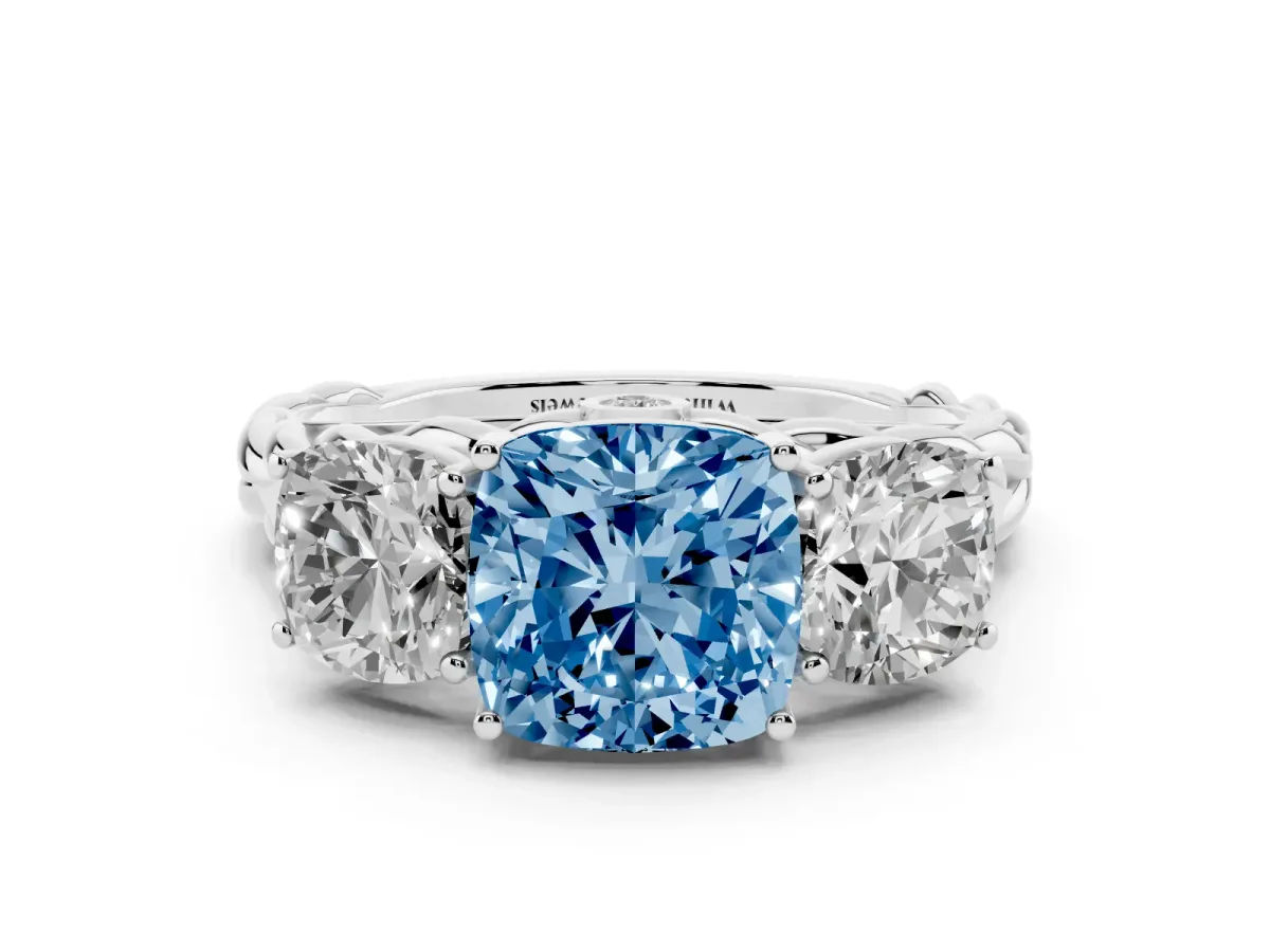 Fancy Blue Three-Stone Cushion Cut Diamond Braided Band Ring with Four-Prong Setting Platinum