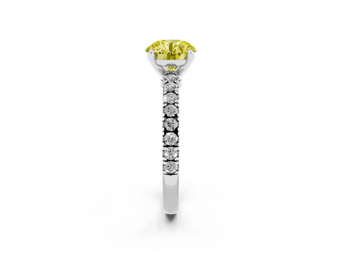 Fancy Yellow Round Cut Solitaire Diamond with Pavé Band and Four-Prong Setting Platinum