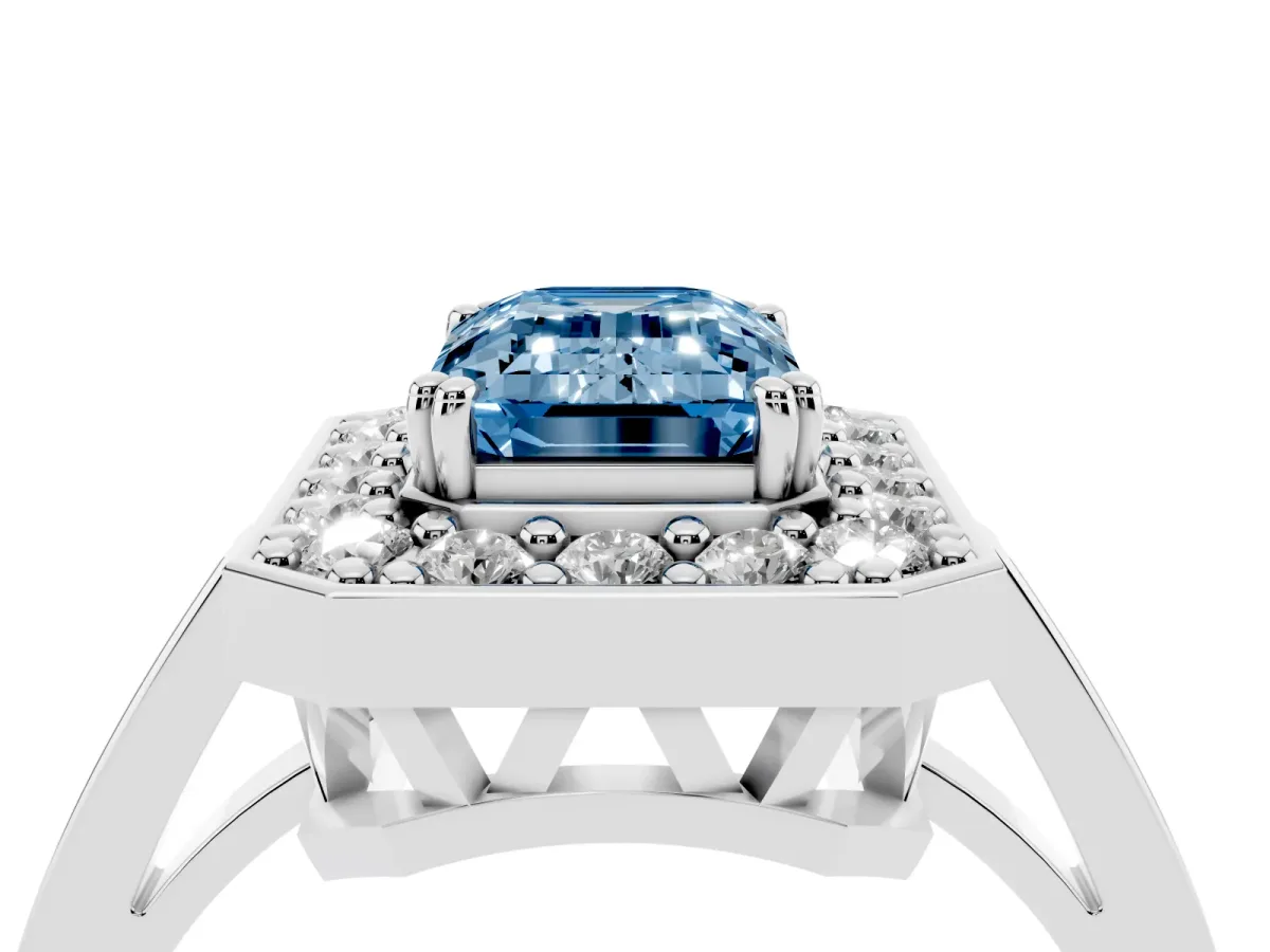 Fancy Blue Emerald Cut Diamond Halo Ring with Split Shank and Four-Prong Setting Silver