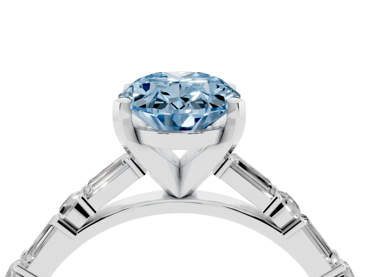 Fancy Blue Oval Cut Diamond Solitaire with Side Baguettes and Channel Set Band Silver