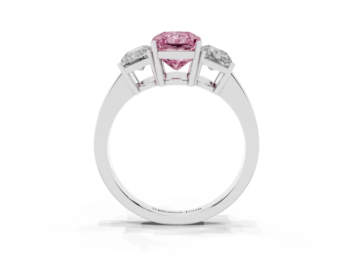 Fancy Pink Three-Stone Radiant Cut Cut Diamond Engagement Ring with Flat Band and Four-Prong Setting Silver