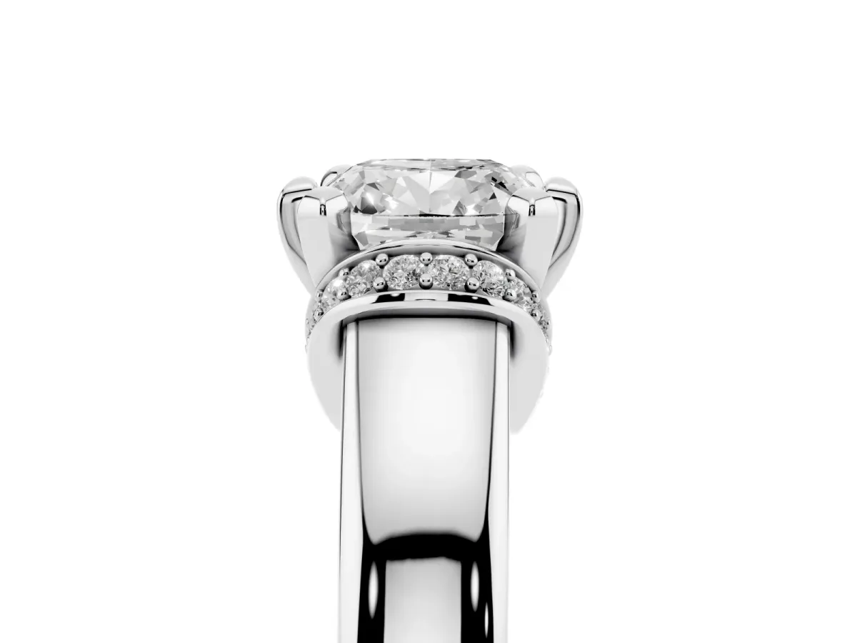 Cushion Cut Solitaire Diamond Ring with Pave Band and Six-Prong Setting Silver
