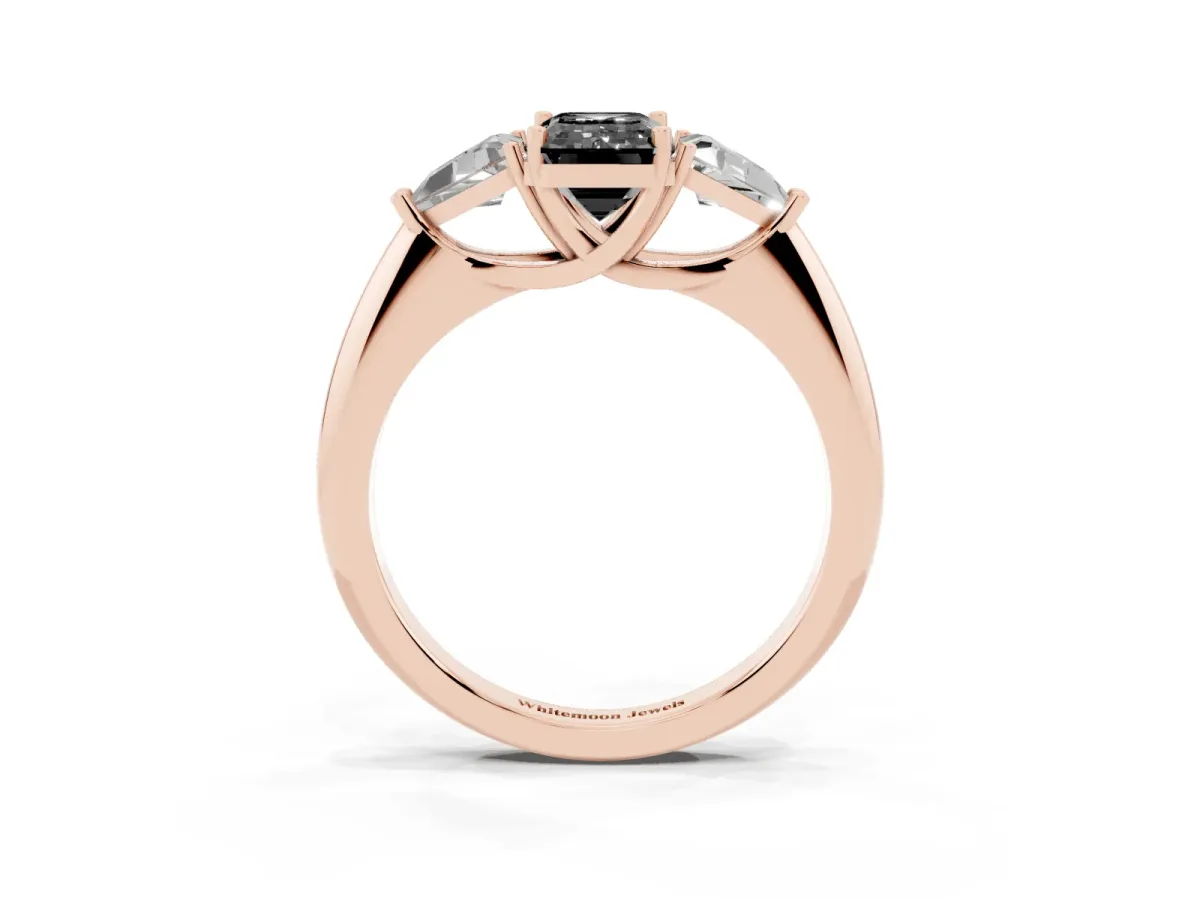 Fancy Black Three-Stone Emerald Cut Diamond Engagement Ring with Trillion Side Stones and Prong Setting Rose gold